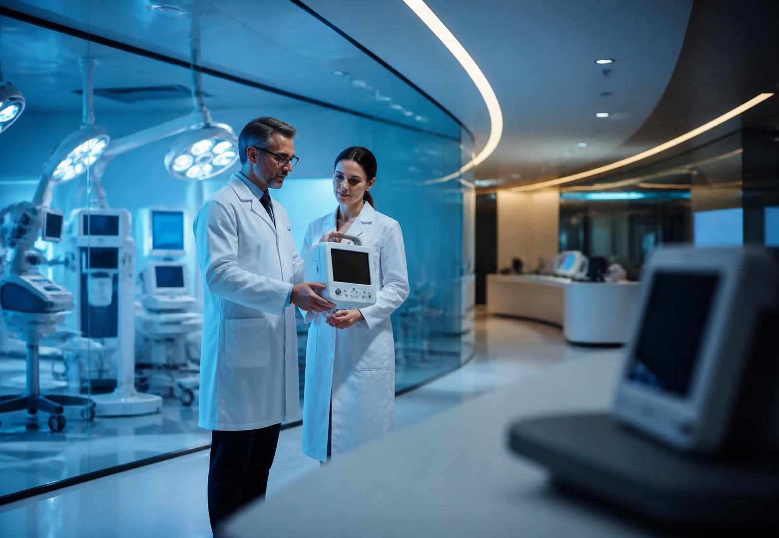 Especialistas revisando equipamiento médico